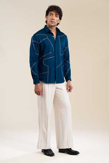 Buy_Line Out Line_Blue Placement Embellished Shirt _Online_at_Aza_Fashions