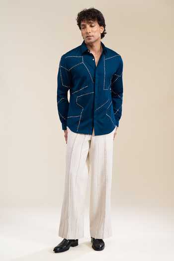 Shop_Line Out Line_Blue Placement Embellished Shirt _Online_at_Aza_Fashions