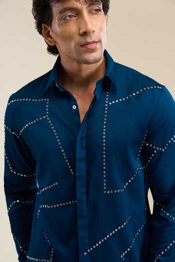 Line Out Line_Blue Placement Embellished Shirt _at_Aza_Fashions