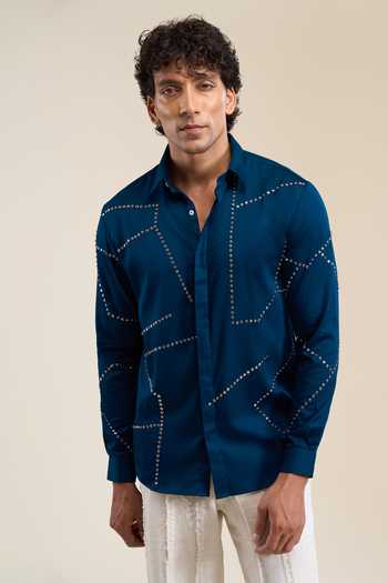 Buy_Line Out Line_Blue Placement Embellished Shirt _at_Aza_Fashions