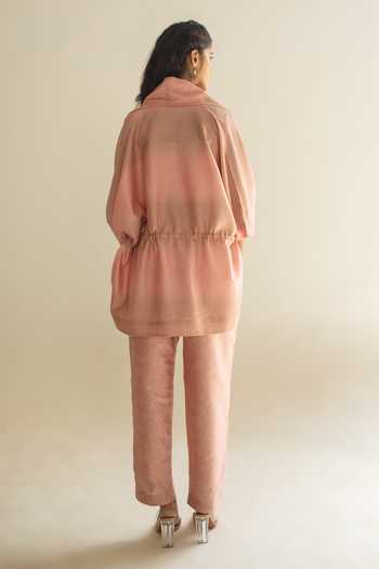Shop_Oja_Peach Chanderi Silk, Chanderi, Handloom Floral Collar Open Shirt Pant Set _at_Aza_Fashions