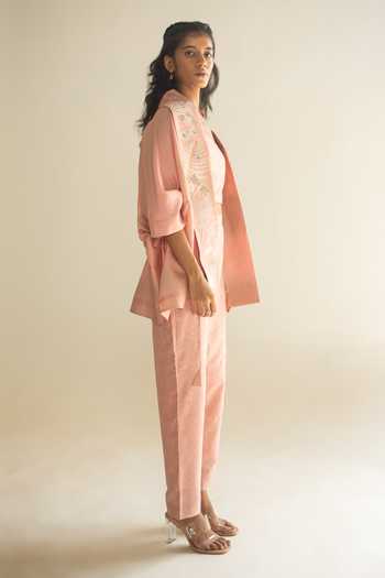 Oja_Peach Chanderi Silk, Chanderi, Handloom Floral Collar Open Shirt Pant Set _Online