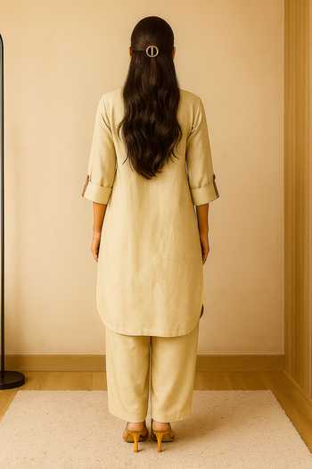 Shop_Nikita Vishakha_Beige Silk Split V-neck, Yes Modern Patchwork Embroidered Kurta And Pant Set _at_Aza_Fashions