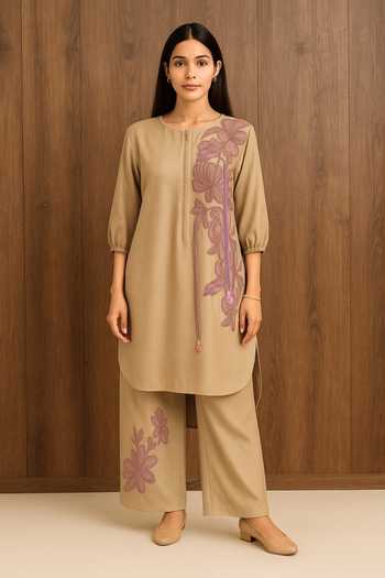 Buy_Nikita Vishakha_Beige Silk Round Neck, Yes Raw Kurta And Pant Set _at_Aza_Fashions