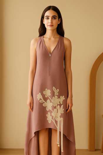 Buy_Nikita Vishakha_Purple Silk V-neck Modern Patchwork Embroidered Asymmetric Dress _Online_at_Aza_Fashions