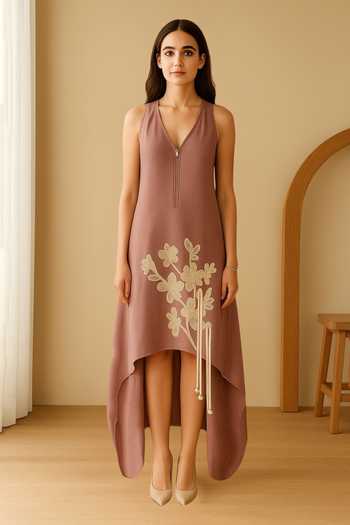 Buy_Nikita Vishakha_Purple Silk V-neck Modern Patchwork Embroidered Asymmetric Dress _at_Aza_Fashions