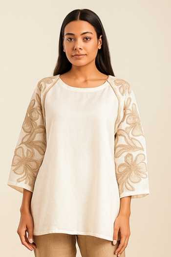 Buy_Nikita Vishakha_Ivory Silk Round Neck Embroidered Raw Top And Pant Set _Online_at_Aza_Fashions