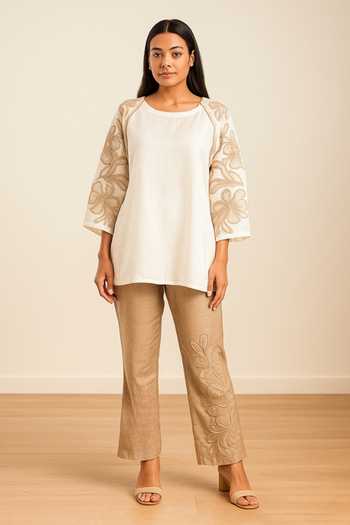 Buy_Nikita Vishakha_Ivory Silk Round Neck Embroidered Raw Top And Pant Set _at_Aza_Fashions