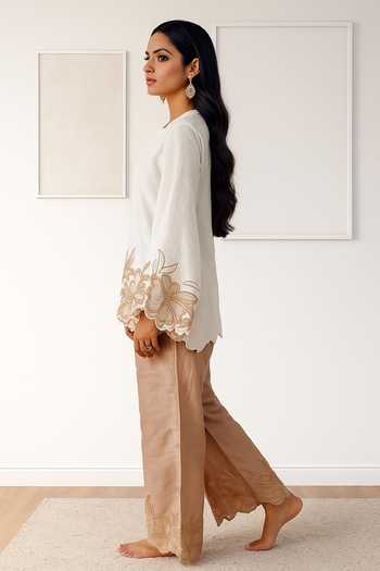 Nikita Vishakha_Ivory Silk V-neck Raw Short Kurta And Pant Set _Online_at_Aza_Fashions