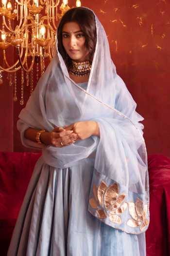 Buy_Pomcha Jaipur_Blue Organza Round Neck Gota Patti Classic Lehenga Set _Online_at_Aza_Fashions