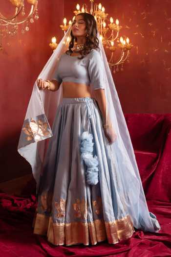 Shop_Pomcha Jaipur_Blue Organza Round Neck Gota Patti Classic Lehenga Set _Online_at_Aza_Fashions