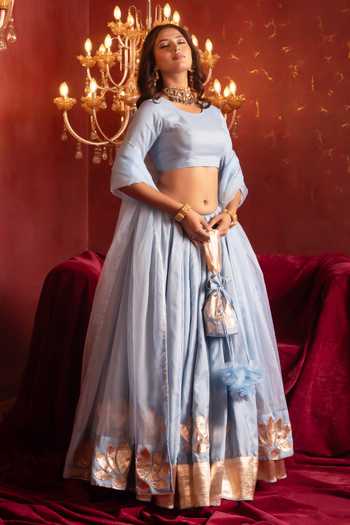 Buy_Pomcha Jaipur_Blue Organza Round Neck Gota Patti Classic Lehenga Set 