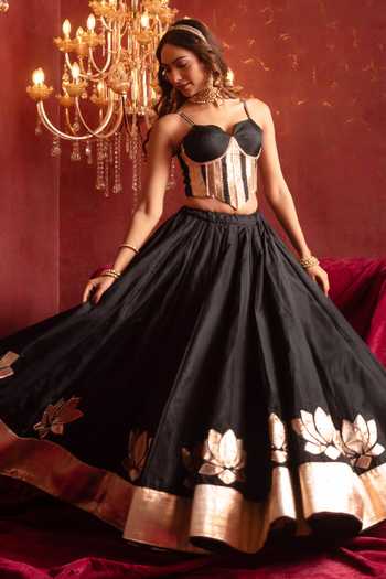 Shop_Pomcha Jaipur_Black Organza Gota Patti Sweetheart Neck Work Lehenga Set _Online_at_Aza_Fashions