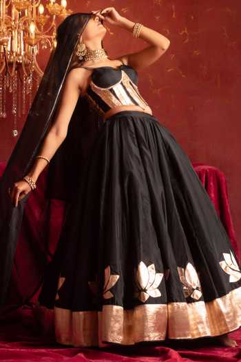 Shop_Pomcha Jaipur_Black Organza Gota Patti Sweetheart Neck Work Lehenga Set 