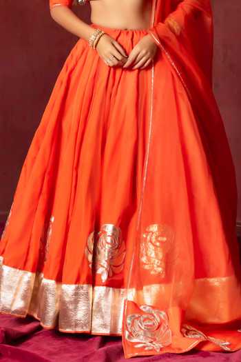 Buy_Pomcha Jaipur_Orange Organza Sweetheart Neck Gota Patti Hand Work Lehenga Set _Online_at_Aza_Fashions