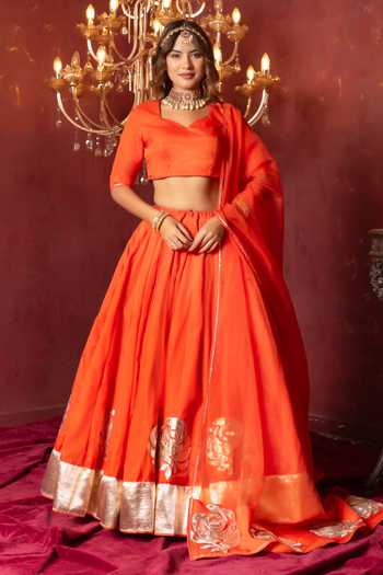 Shop_Pomcha Jaipur_Orange Organza Sweetheart Neck Gota Patti Hand Work Lehenga Set _at_Aza_Fashions