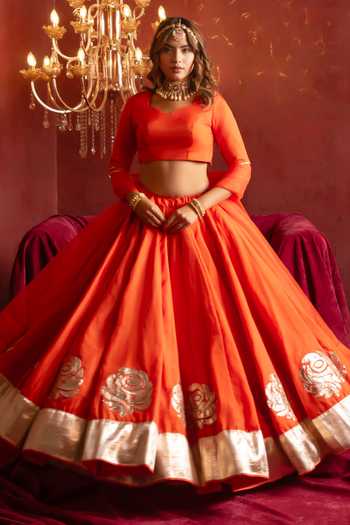 Shop_Pomcha Jaipur_Orange Organza Sweetheart Neck Gota Patti Hand Work Lehenga Set 