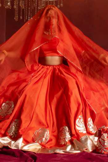 Shop_Pomcha Jaipur_Orange Organza Sweetheart Neck Gota Patti Hand Work Lehenga Set _Online