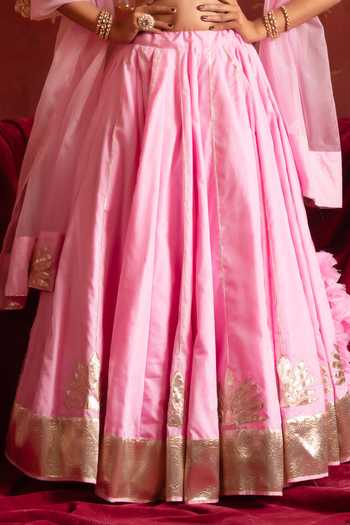Buy_Pomcha Jaipur_Pink Organza Round Neck Gota Patti Hand Work Lehenga Set _Online_at_Aza_Fashions