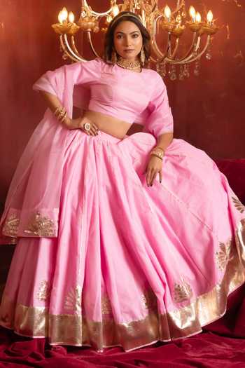 Buy_Pomcha Jaipur_Pink Organza Round Neck Gota Patti Hand Work Lehenga Set _Online