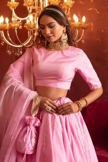 Shop_Pomcha Jaipur_Pink Organza Round Neck Gota Patti Hand Work Lehenga Set _Online