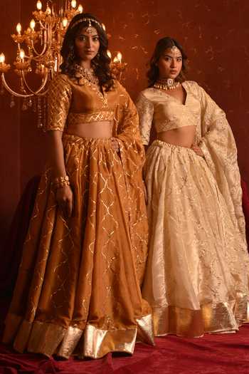 Shop_Pomcha Jaipur_Ivory Silk V-neck Gota Patti Work Lehenga Set _Online_at_Aza_Fashions