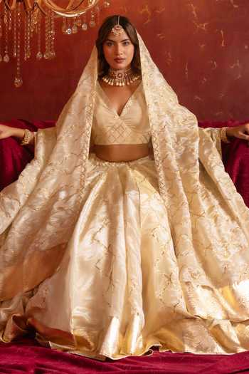 Shop_Pomcha Jaipur_Ivory Silk V-neck Gota Patti Work Lehenga Set 