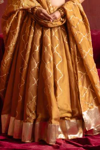 Buy_Pomcha Jaipur_Yellow Silk V-neck Gota Patti Work Lehenga Set _Online_at_Aza_Fashions