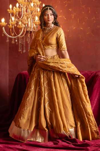 Shop_Pomcha Jaipur_Yellow Silk V-neck Gota Patti Work Lehenga Set _Online_at_Aza_Fashions