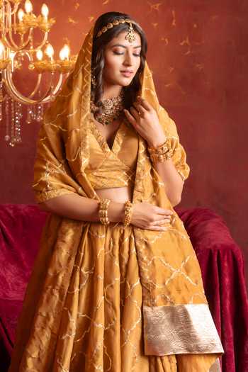 Buy_Pomcha Jaipur_Yellow Silk V-neck Gota Patti Work Lehenga Set 