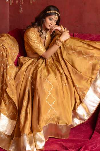 Shop_Pomcha Jaipur_Yellow Silk V-neck Gota Patti Work Lehenga Set 