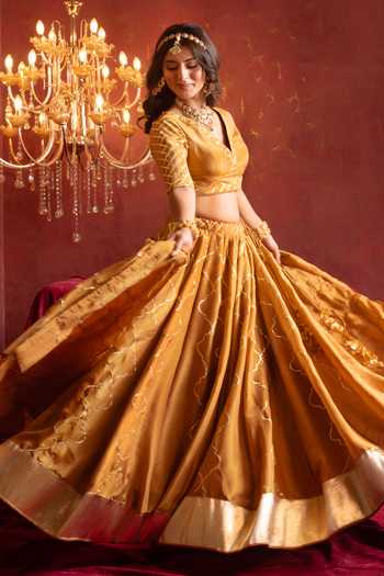 Buy_Pomcha Jaipur_Yellow Silk V-neck Gota Patti Work Lehenga Set _Online