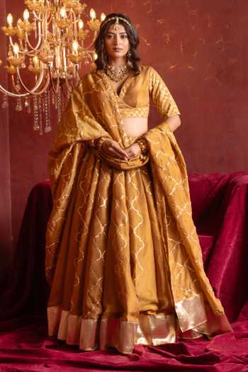 Buy_Pomcha Jaipur_Yellow Silk V-neck Gota Patti Work Lehenga Set _at_Aza_Fashions