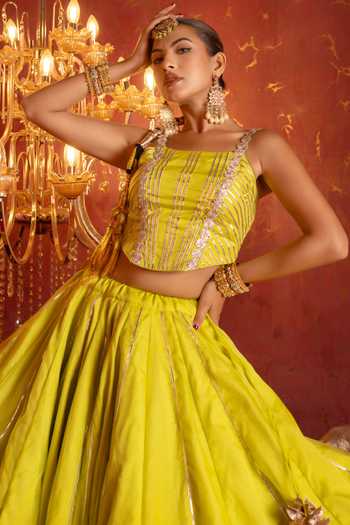 Shop_Pomcha Jaipur_Yellow Organza Square Neck Gota Patti Work Lehenga Blouse Set _Online_at_Aza_Fashions