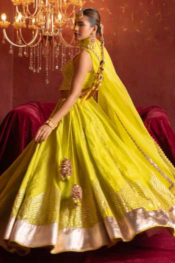 Pomcha Jaipur_Yellow Organza Square Neck Gota Patti Work Lehenga Blouse Set _at_Aza_Fashions