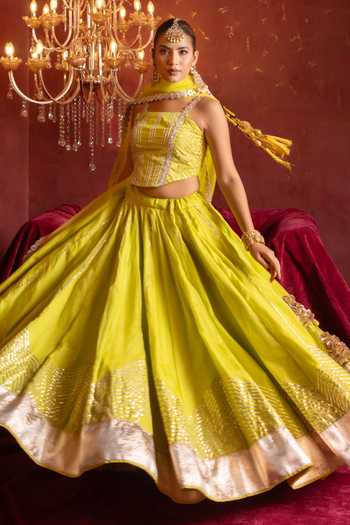 Shop_Pomcha Jaipur_Yellow Organza Square Neck Gota Patti Work Lehenga Blouse Set 