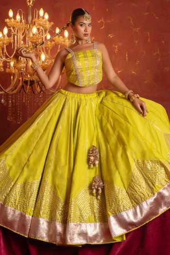 Pomcha Jaipur_Yellow Organza Square Neck Gota Patti Work Lehenga Blouse Set _Online