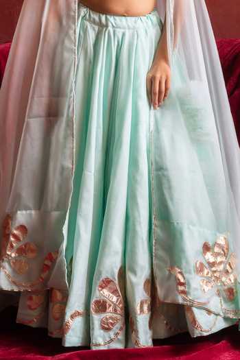 Shop_Pomcha Jaipur_Blue Organza Round Neck Gota Patti Hand-work Lehenga Set _Online_at_Aza_Fashions