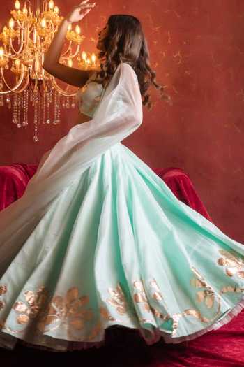 Buy_Pomcha Jaipur_Blue Organza Round Neck Gota Patti Hand-work Lehenga Set 