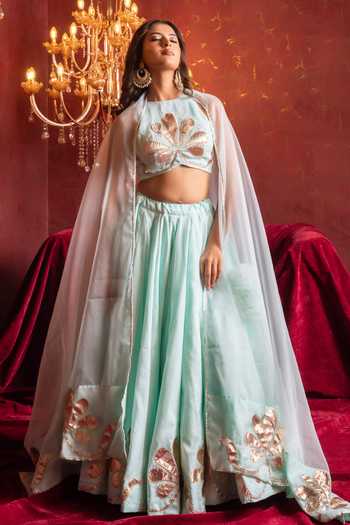 Pomcha Jaipur_Blue Organza Round Neck Gota Patti Hand-work Lehenga Set _Online
