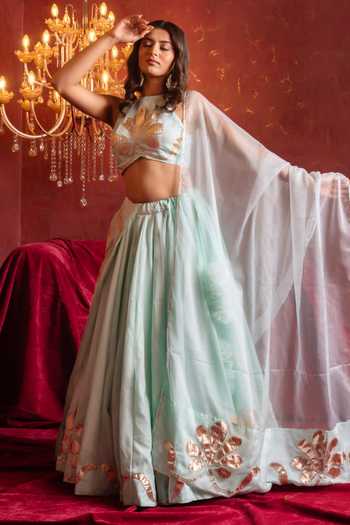 Buy_Pomcha Jaipur_Blue Organza Round Neck Gota Patti Hand-work Lehenga Set _Online