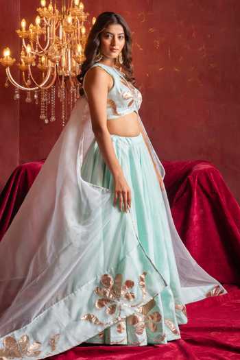 Shop_Pomcha Jaipur_Blue Organza Round Neck Gota Patti Hand-work Lehenga Set _Online