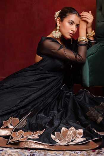 Pomcha Jaipur_Black Organza Sweetheart Neck Gota Patti Work Anarkali Lehenga Set _at_Aza_Fashions