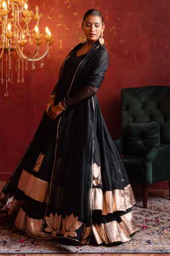Shop_Pomcha Jaipur_Black Organza Sweetheart Neck Gota Patti Work Anarkali Lehenga Set 