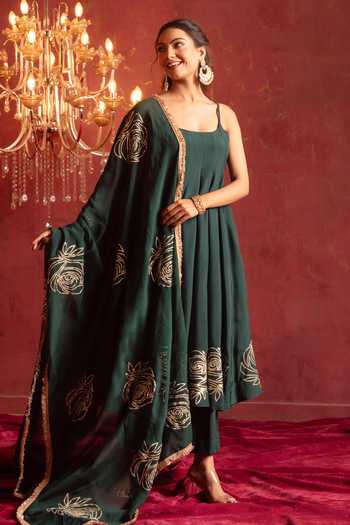 Shop_Pomcha Jaipur_Green Organza Square Neck Gota Patti Work Anarkali Set 