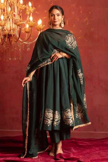 Pomcha Jaipur_Green Organza Square Neck Gota Patti Work Anarkali Set _Online