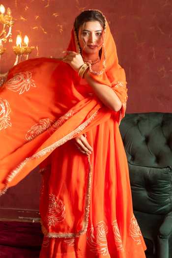 Buy_Pomcha Jaipur_Orange Organza Round Neck Gota Patti Work Anarkali Set _Online_at_Aza_Fashions
