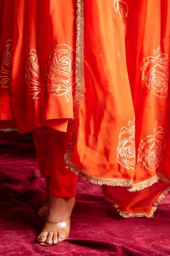Shop_Pomcha Jaipur_Orange Organza Round Neck Gota Patti Work Anarkali Set _Online_at_Aza_Fashions