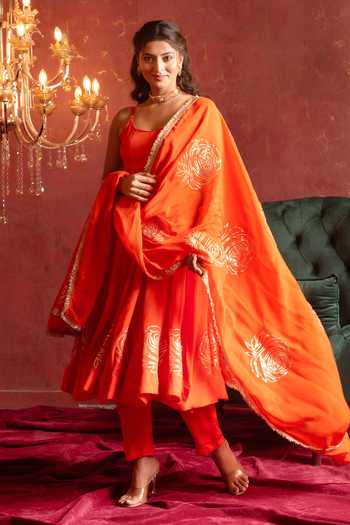 Buy_Pomcha Jaipur_Orange Organza Round Neck Gota Patti Work Anarkali Set _at_Aza_Fashions
