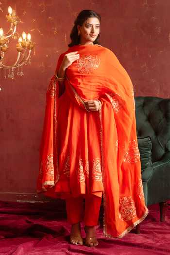 Shop_Pomcha Jaipur_Orange Organza Round Neck Gota Patti Work Anarkali Set 